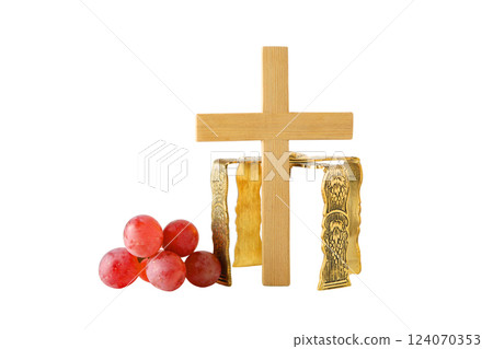 PNG, Eucharist, wooden cross on stand with grapes, isolated on white background 124070353