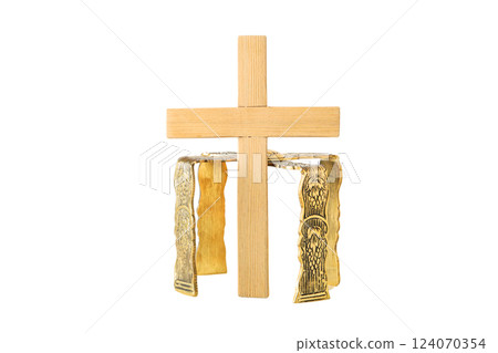 PNG, Eucharist, wooden cross on stand, isolated on white background PNG, Eucharist, wooden cross on stand, isolated on white background 124070354