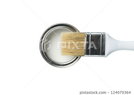 PNG, Paint, white paint in a metal can with a brush, top view, isolated on a white background 124070364