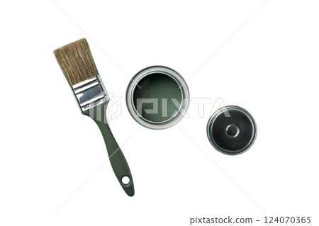 PNG, Paint, paint in a metal can with a brush, top view, isolated on a white background PNG, Paint, paint in a metal can with a brush, top view, isolated on a white background 124070365