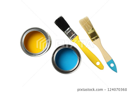 PNG, Paint, cans of paint and painting tools, top view, isolated on white background PNG, Paint, cans of paint and painting tools, top view, isolated on white background 124070368