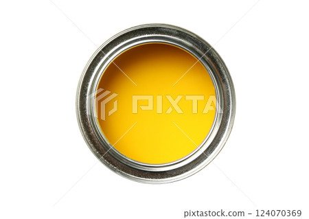 PNG, Paint, can of yellow paint, top view, isolated on white background 124070369