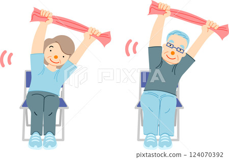 Illustration of a senior couple sitting on a chair and doing simple exercises with a towel 124070392