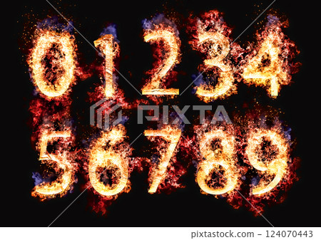3d illustration of burning flame numbers on black background 124070443