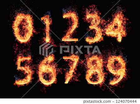 3d illustration of burning flame numbers on black background 124070444