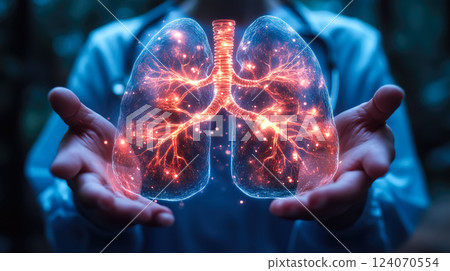 A doctor carefully examines a virtual lung x-ray projection with focused attention. The integration of advanced technology in medical diagnostics. Generative AI. 124070554