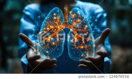 A doctor carefully examines a virtual lung x-ray projection with focused attention. The integration of advanced technology in medical diagnostics. Generative AI. 124070558