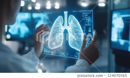 A doctor carefully examines a virtual lung x-ray projection with focused attention. The integration of advanced technology in medical diagnostics. Generative AI. 124070565