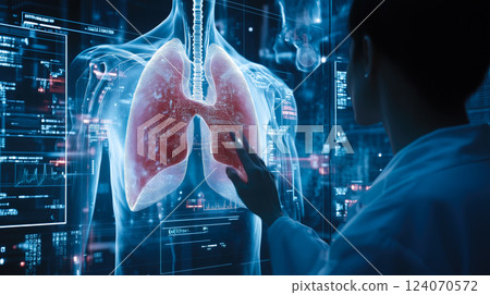 A doctor carefully examines a virtual lung x-ray projection with focused attention. The integration of advanced technology in medical diagnostics. Generative AI. 124070572