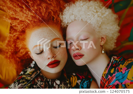 Two diverse female models against vibrant background Two diverse female models against vibrant background 124070575