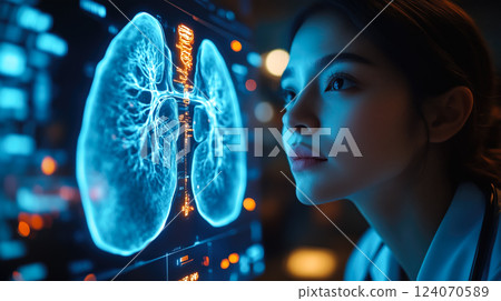 A doctor carefully examines a virtual lung x-ray projection with focused attention. The integration of advanced technology in medical diagnostics. Generative AI. 124070589