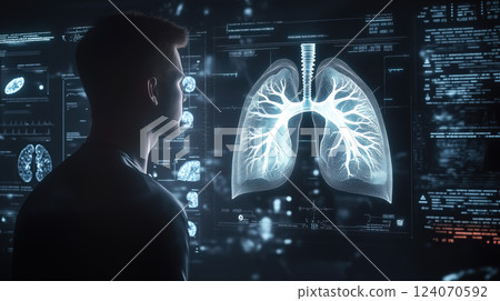 A doctor carefully examines a virtual lung x-ray projection with focused attention. The integration of advanced technology in medical diagnostics. Generative AI. A doctor carefully examines a virtual lung x-ray projection with focused attention. The integration of advanced technology in medical diagnostics. Generative AI. 124070592