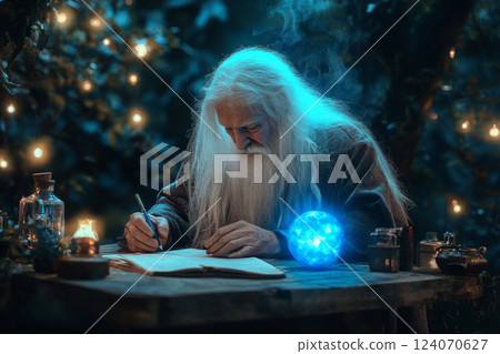 Elderly wizard writing enchantment spell in fantasy forest Elderly wizard writing enchantment spell in fantasy forest 124070627