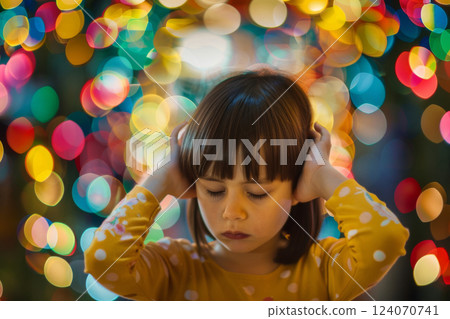 Stressed sad child covering ears with colorful bokeh lights in background Stressed sad child covering ears with colorful bokeh lights in background 124070741