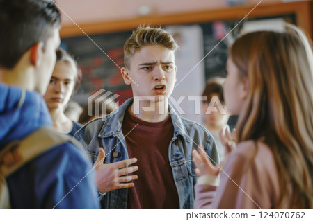 Frustrated teenage boy in classroom surrounded by classmates Frustrated teenage boy in classroom surrounded by classmates 124070762