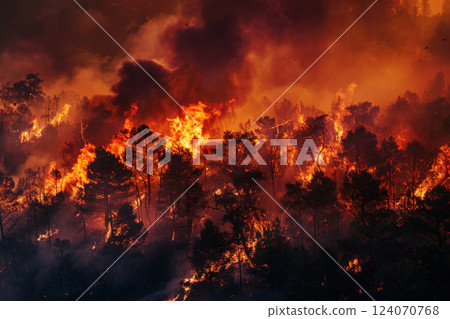 Wildfire with burning trees in forest at night 124070768
