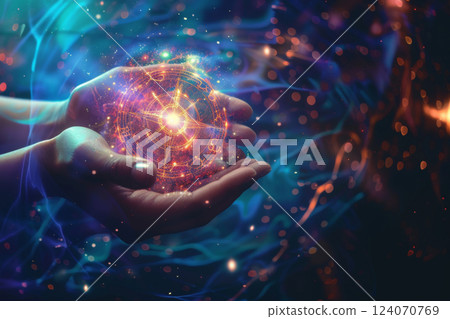 Zodiac wheel glowing in hands 124070769