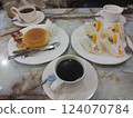 Pancakes and fruit sandwiches at a stylish cafe 124070784