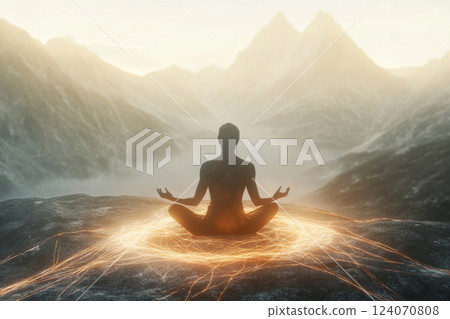 Person silhouette meditating in mountains with glowing energy 124070808
