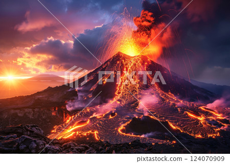 Active volcano erupting with molten lava and thick smoke 124070909