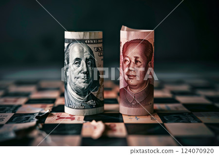 US Dollar vs Chinese Yuan on chessboard. Concept of economic rivalry US Dollar vs Chinese Yuan on chessboard. Concept of economic rivalry 124070920