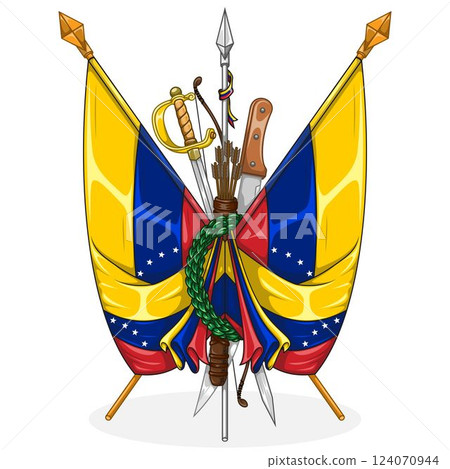 Venezuela flags with independence weapons 124070944