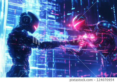 Futuristic AI Battle. Advanced Artificial Intelligences Clash in Cyber Arena 124070954