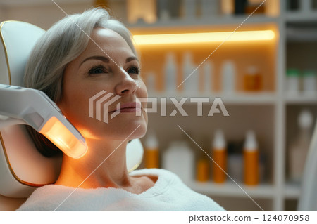 Woman during LED light therapy treatment for skin care Woman during LED light therapy treatment for skin care 124070958