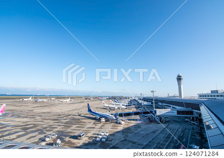 View from the Sky Deck at Chubu Centrair International Airport - Domestic passenger planes parked on the apron 124071284