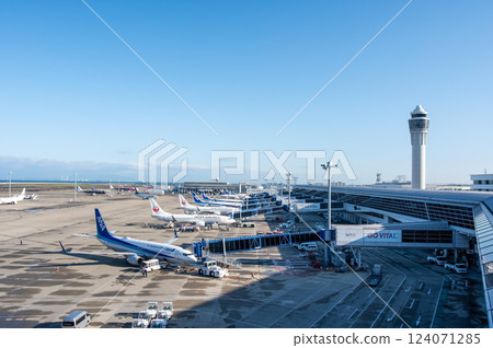 View from the Sky Deck at Chubu Centrair International Airport - Domestic passenger planes parked on the apron 124071285