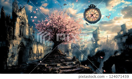 The stopped clock and the last cherry blossoms 124071439
