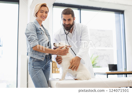 Veterinarian and smiling woman in clinic with small white dog being examined, professional care. Veterinarian and smiling woman in clinic with small white dog being examined, professional care. 124071501