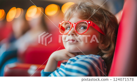Excited child with red glasses enjoying a colorful show in a theater filled with soft lights at a weekend matinee 124071578