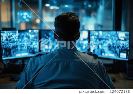 Security officer monitoring multiple surveillance screens in control room 124072188