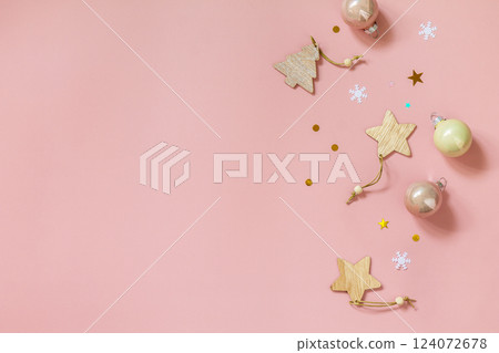 Christmas composition. Sail Champagne decorations with ball on pink background. Flat top view. Copy space. Christmas composition. Sail Champagne decorations with ball on pink background. Flat top view. Copy space. 124072678