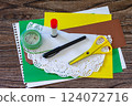 Instruction step 1. Child gift postcard happy easter chickens toy on a wooden table. Handmade. Project of children's creativity, handicrafts, crafts for kids. 124072716