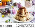 Easter background. Dessert Easter cottage cheese on festive table. 124072723