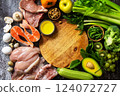 Ketogenic diet concept, ingredients for healthy food. Various balanced useful components healthy low carbohydrate foods. Copy space. Top view flat lay. 124072727