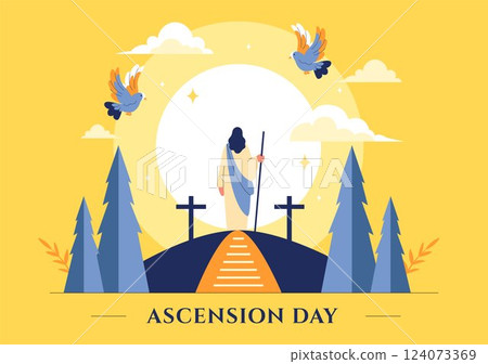 Ascension Day Vector Illustration Featuring the Assumption of Mary in Christian Tradition with the Feast of the Blessed Virgin and Doves in Heaven 124073369