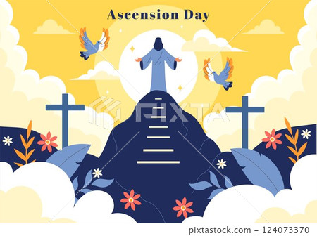 Ascension Day Vector Illustration Featuring the Assumption of Mary in Christian Tradition with the Feast of the Blessed Virgin and Doves in Heaven 124073370
