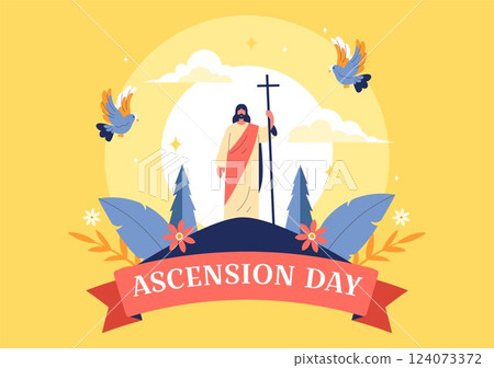 Ascension Day Vector Illustration Featuring the Assumption of Mary in Christian Tradition with the Feast of the Blessed Virgin and Doves in Heaven 124073372