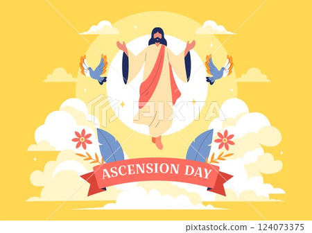 Ascension Day Vector Illustration Featuring the Assumption of Mary in Christian Tradition with the Feast of the Blessed Virgin and Doves in Heaven 124073375