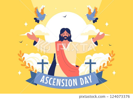 Ascension Day Vector Illustration Featuring the Assumption of Mary in Christian Tradition with the Feast of the Blessed Virgin and Doves in Heaven 124073376