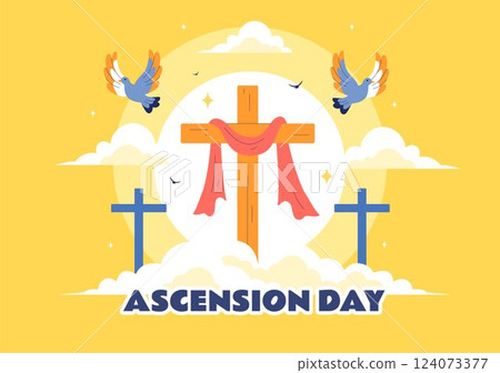 Ascension Day Vector Illustration Featuring the Assumption of Mary in Christian Tradition with the Feast of the Blessed Virgin and Doves in Heaven 124073377