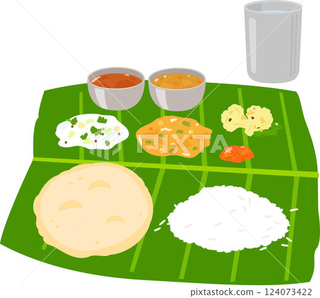 Meals served on banana leaves Meals served on banana leaves 124073422