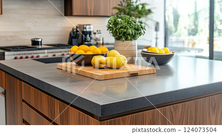 A modern kitchen island with a bowl of fresh fruit and cutting board pic 124073504