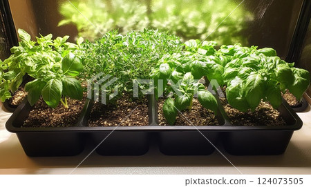 A small, indoor herb garden with fresh basil, parsley, and thyme pic 124073505