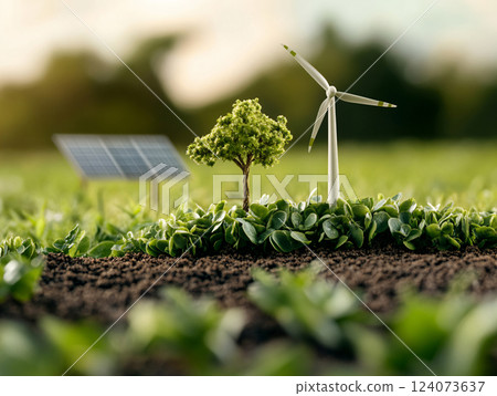 Wind turbines, trees, Ecological environment concept. AI Generated. 124073637