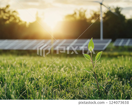Green energy harvest with windmill and solar panels for eco-green sustainable concept. AI Generated. 124073638