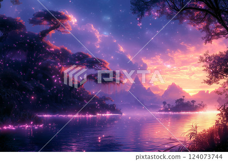 A fantastic view of the lake and mountains sparkling at dusk 124073744